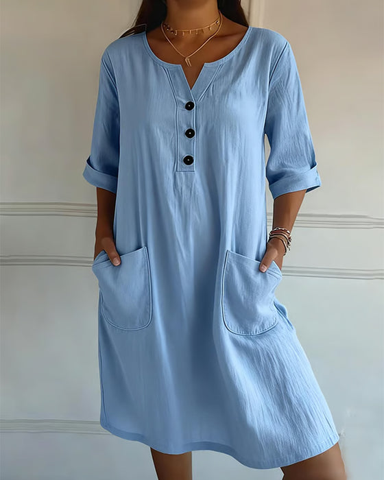 Jurk V-Hals Knoop Zak Halve Mouw