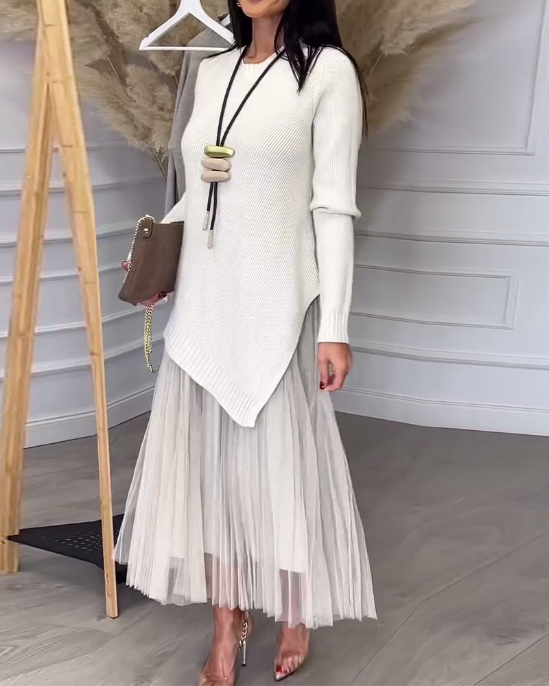 Twee-Delige Set Met Pullover En Rok In Ronde Hals En Onregelmatig Design