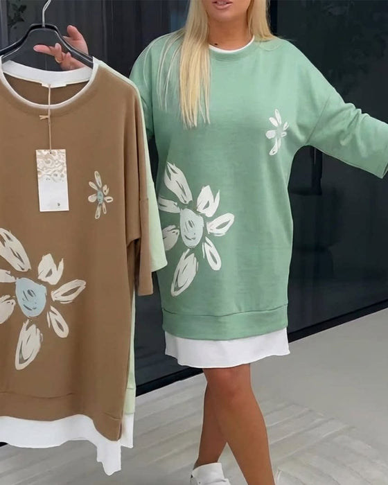 Sweatshirtjurk Ronde Hals Bedrukt Patchwork