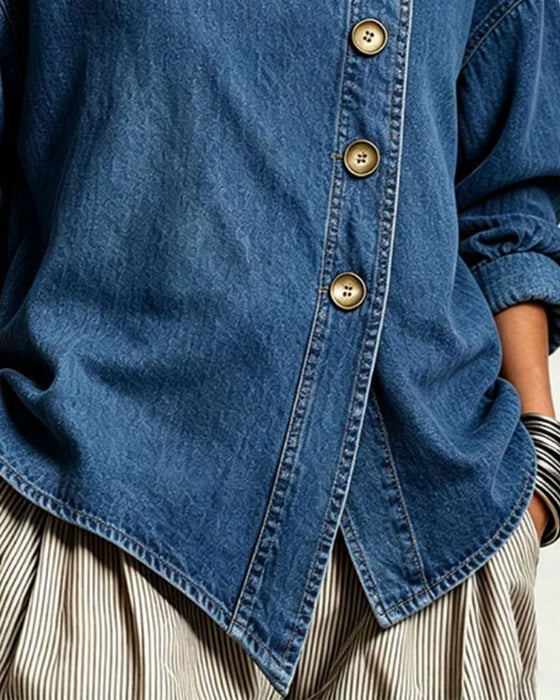 Jas Diagonaal Knoop Staande Kraag Denim