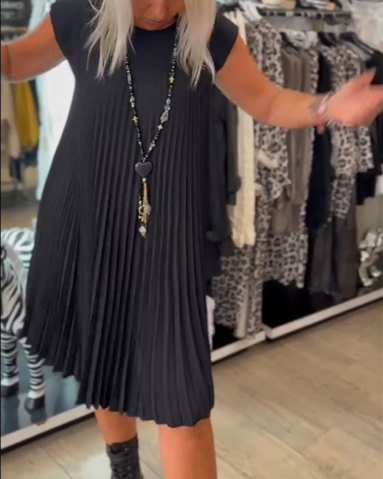 Ronde hals effen plooi casual jurk