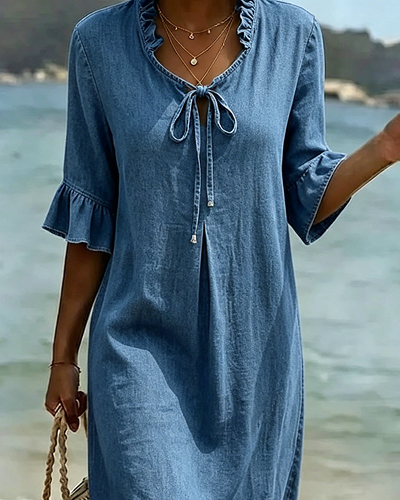 Jurk Ruche Strikband Taille Denim