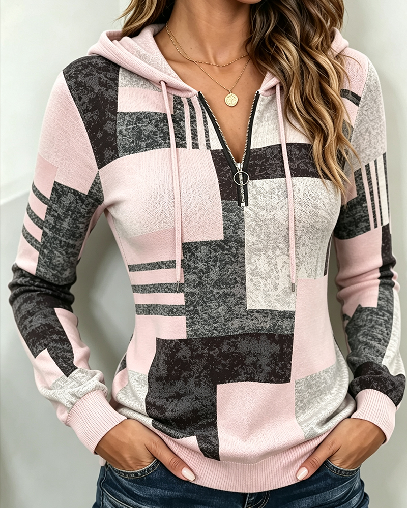 Hoodie Half-Zip Casual Contrast Ruitpatroon