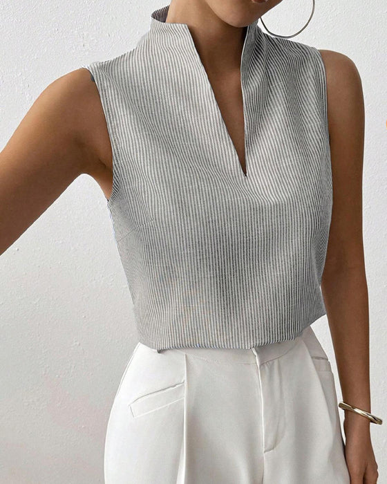 Mouwloze V-Hals Gestreepte Blouse