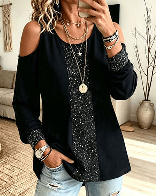 Top U-Hals Off-Shoulder Samengevoegd Lange Mouw