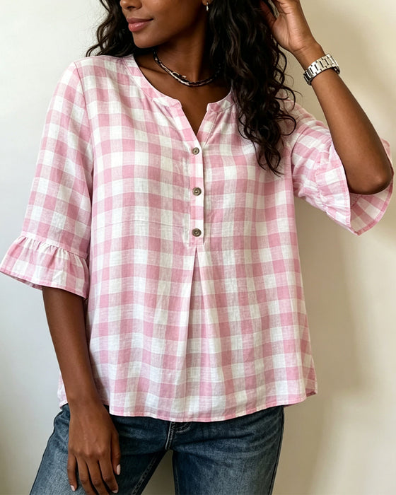 Blouse V-Hals Knoop Voor Geruit Ruffle