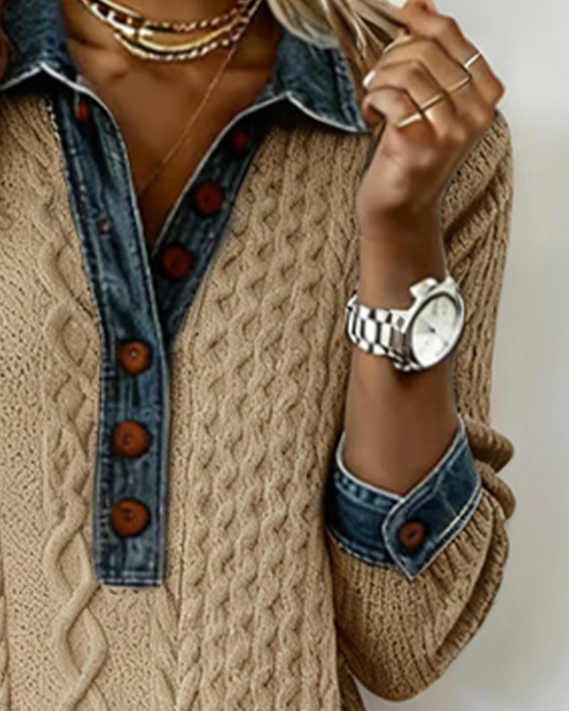 Jurk Met Kraag Van Denim, Kabelssteek En Patchwork