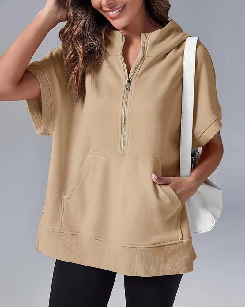 Sweatshirt Korte Mouw Gedeeltelijke Rits Capuchon