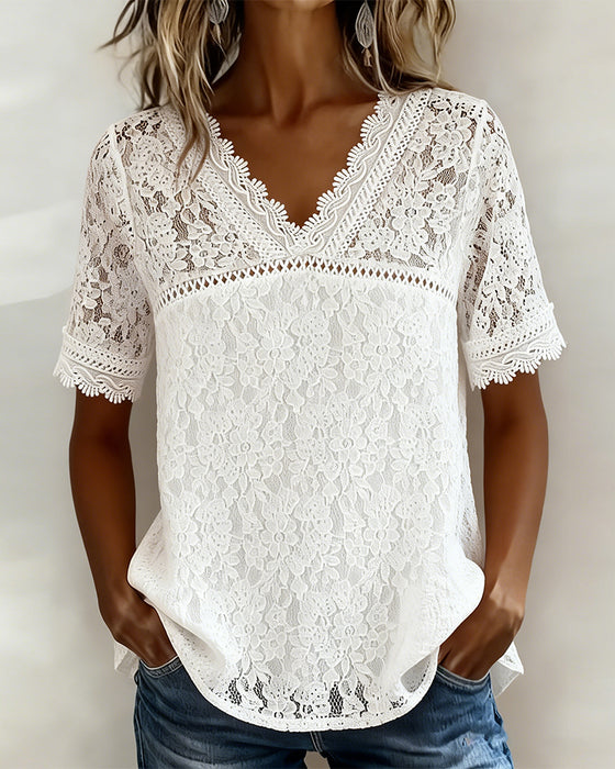 Effen Kleur Blouse Korte Mouwen Met Kant