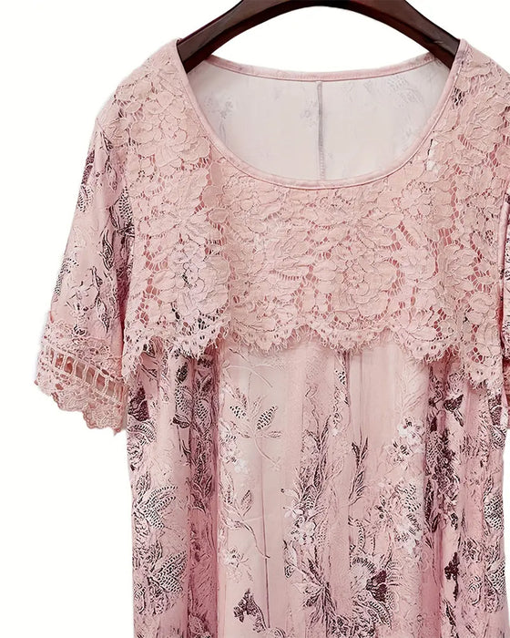 T-shirt Wijde Kraag Korte Mouw Kant Patchwork