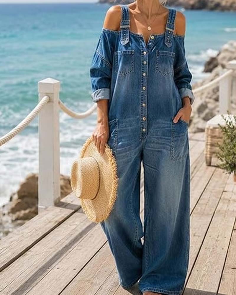 Jumpsuit Spaghettiband Koele Schouder Wijd Been Denim