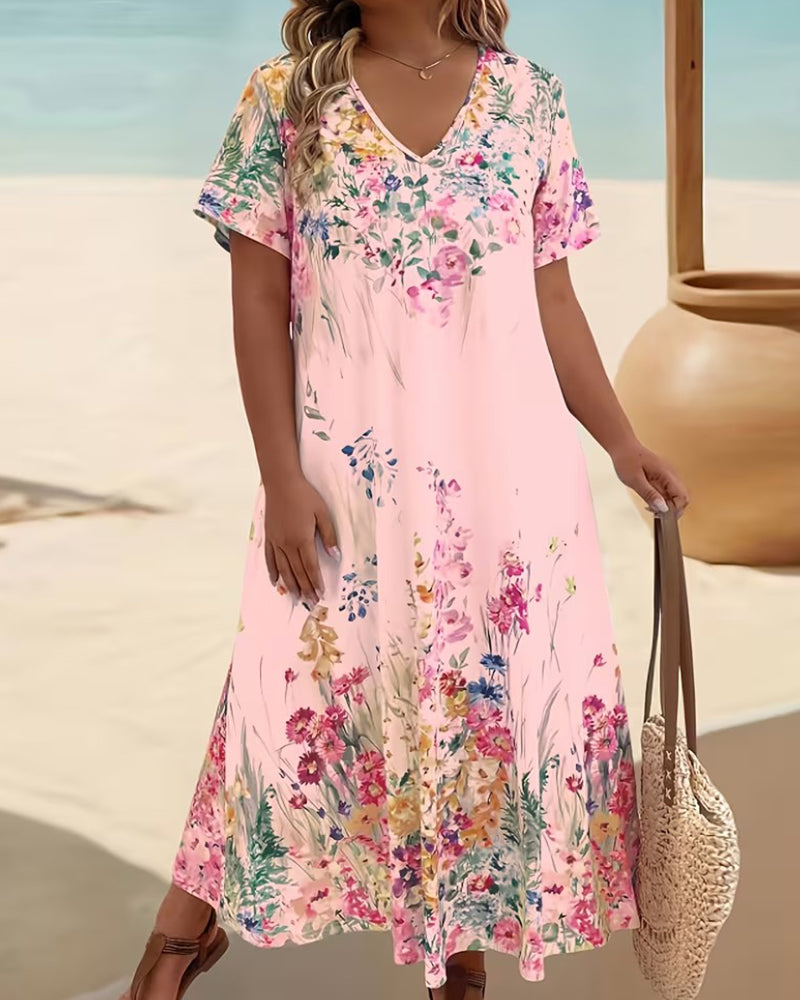 Jurk Aquarel Bloemen V-Hals