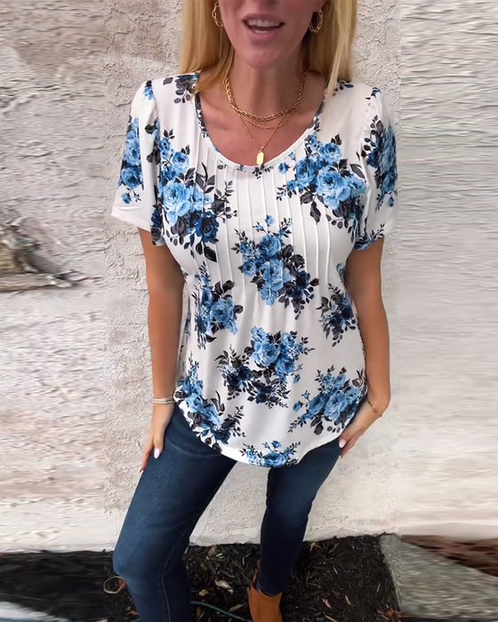T-Shirt Met Ronde Hals Bloemenprint Geplisseerd
