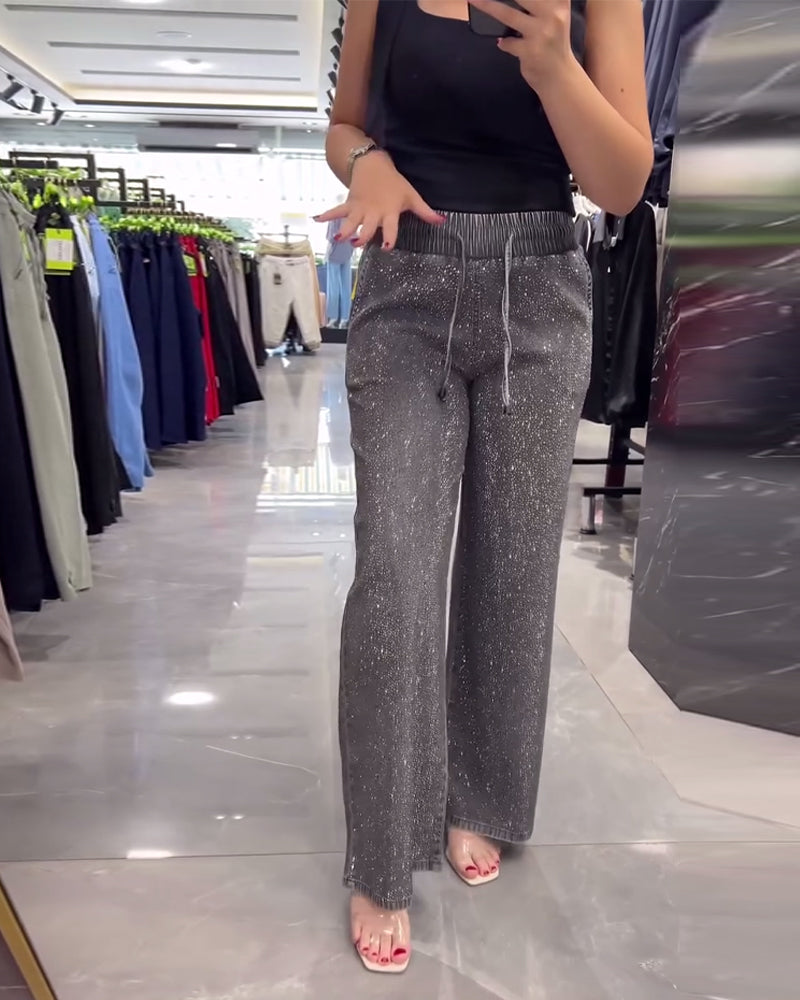 Casual broek in effen kleur met zakken en elastische tailleband