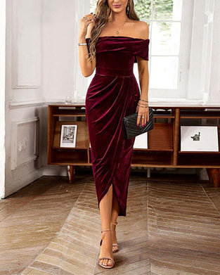 Jurk Met Off-Shoulder Kraaglijn, Samtstof En Elegante Temperament