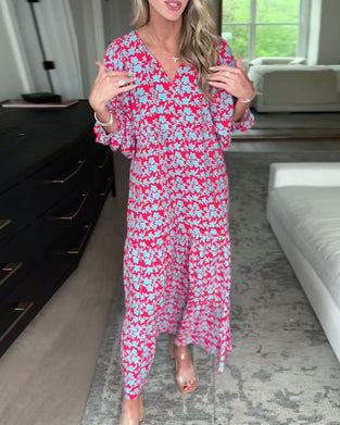 Bloemenjurk met V-hals en lantaarnmouwen