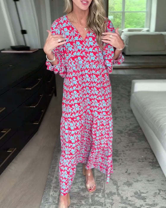 Bloemenjurk met V-hals en lantaarnmouwen