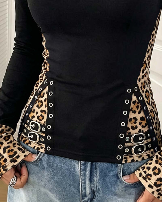 Top Luipaard Patchwork U-Hals Getailleerd