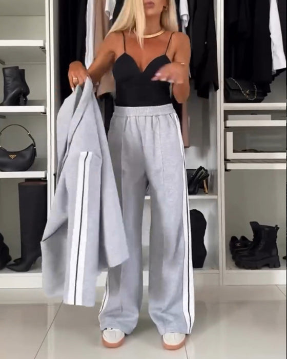 Mode jas rechte broek set met effen kleur en revers