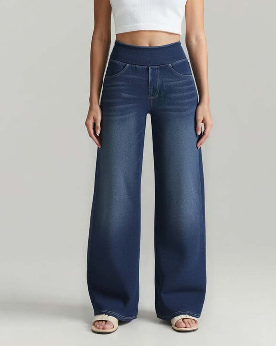 Broek Elastische Taille Denim Wijde Pijp