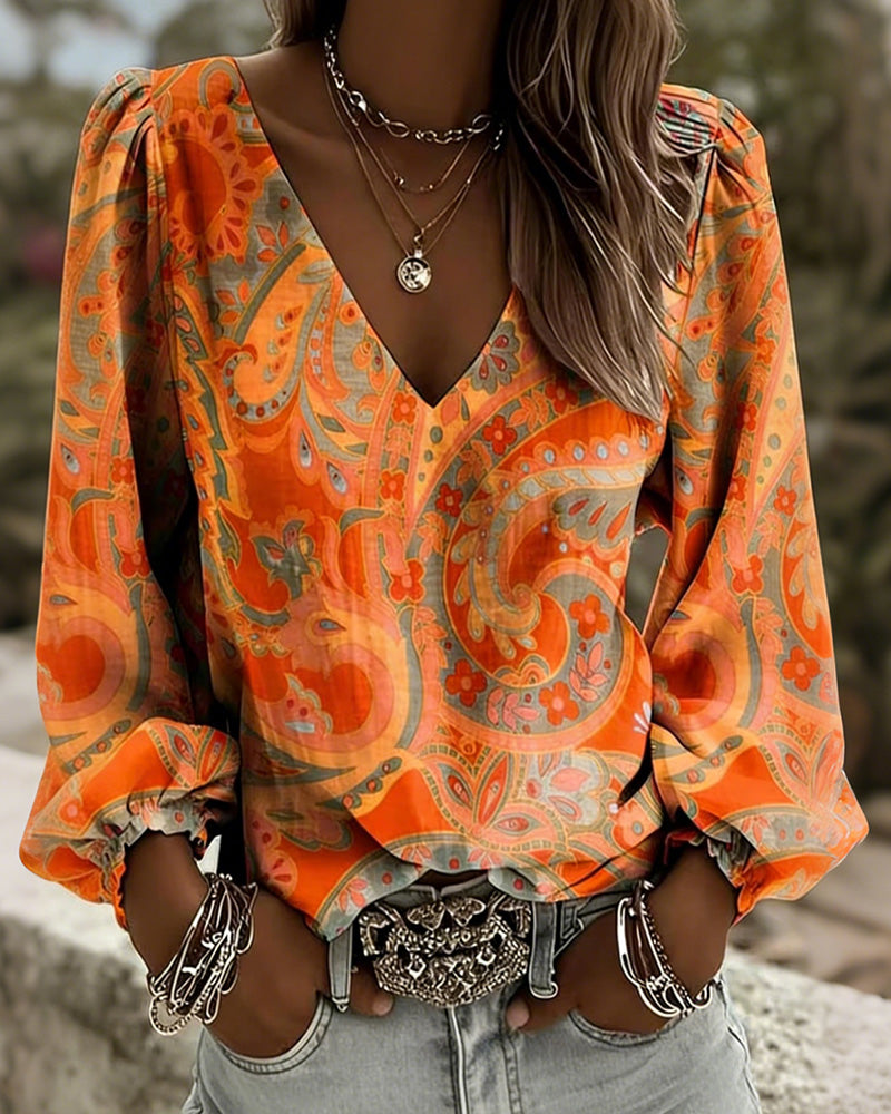 Blouse Met Patroon V-Hals Pofmouw