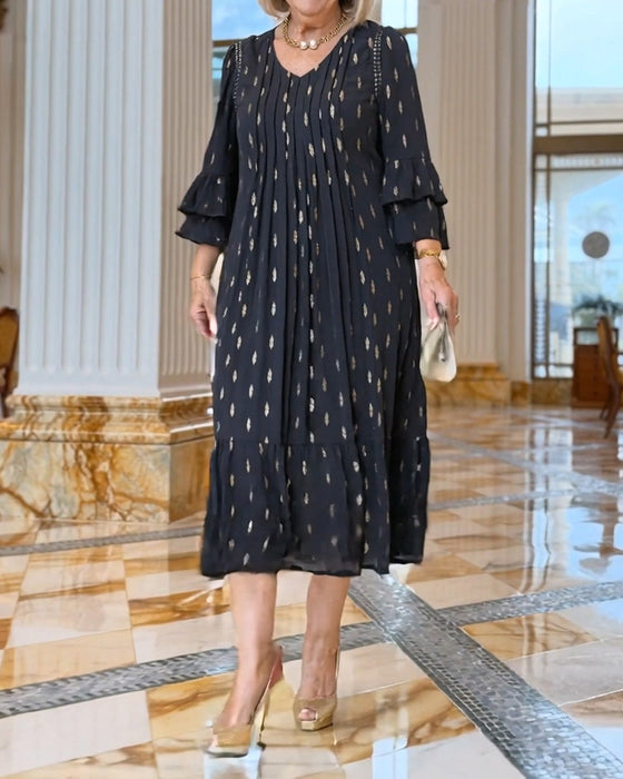 Jurk Lantaarn Mouw V-Hals Print