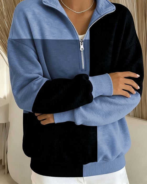 Sweatshirt Geruit Kleurblok Rits Staande-Kraag