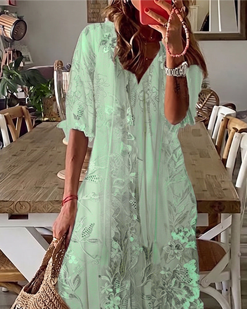 Jurk V-Hals Bloemig Ruffle Volle Rok