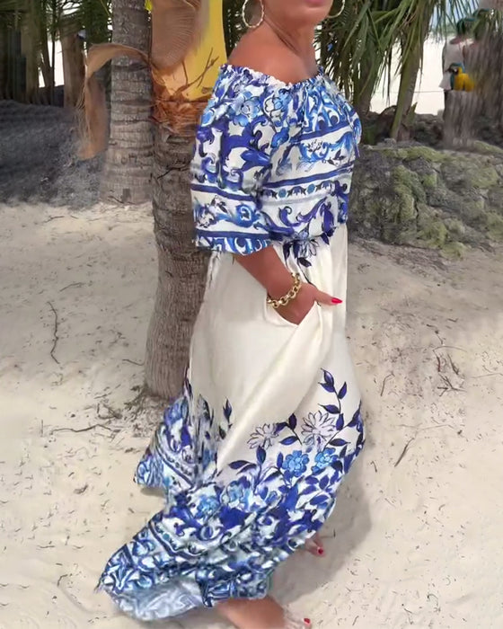 Jurk Off-Shoulder Gedrukt Resort