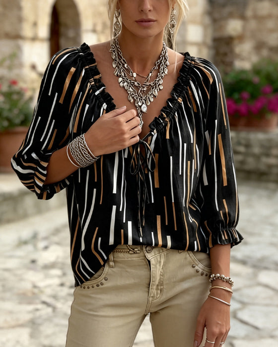 Blouse V-Hals Ruffle Trim Streep