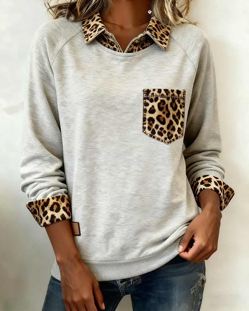 Langmouwige sweatshirt met revers en luipaardprint