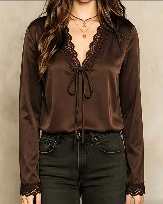 Blouse Lange Mouw V-Hals Kant Patchwork