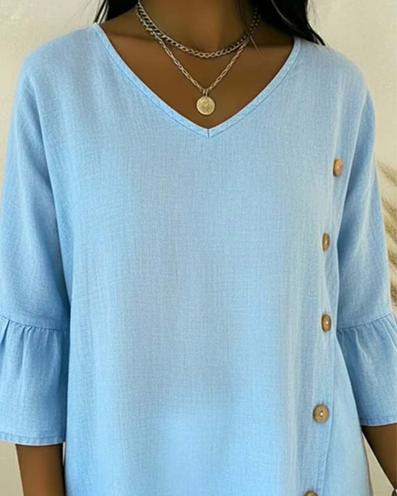 Blouse Zijknoop Wijd Uitlopende Mouw Linnen