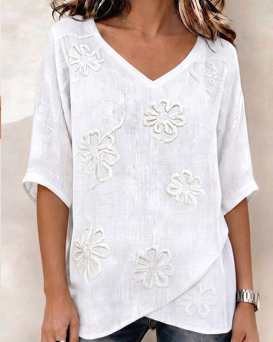 Blouse V-Hals Bloemenprint Halve Mouwen