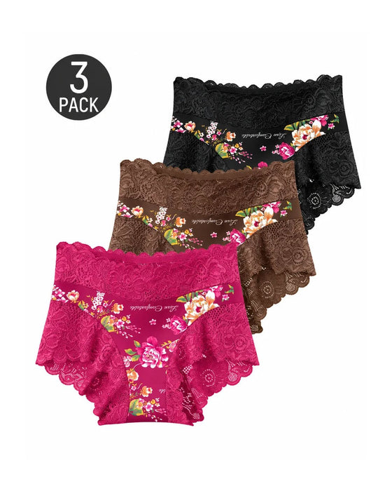 Slips 3-Pack Hoge Taille Bloemig Print Kant Rand