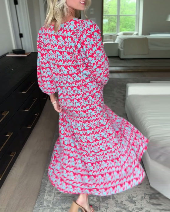 Bloemenjurk met V-hals en lantaarnmouwen