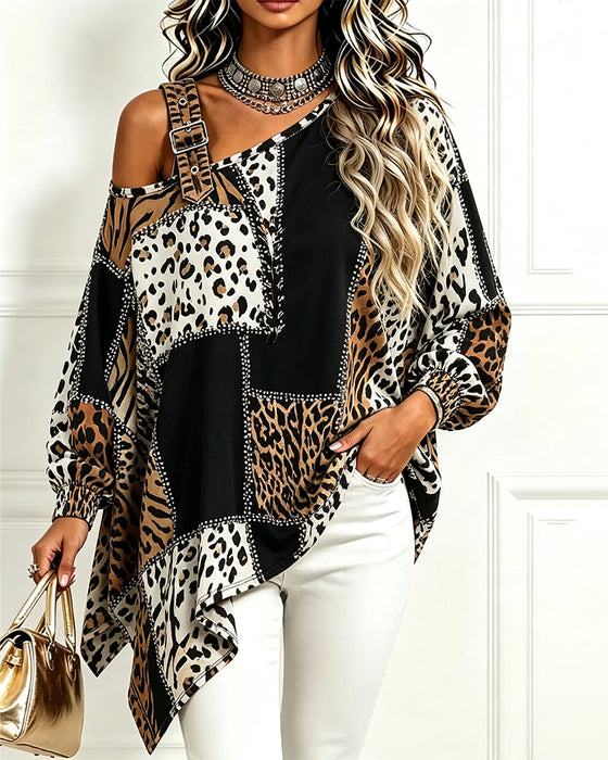 Blouse Luipaard Print Patchwork Asymmetrische Hals Lange Mouw
