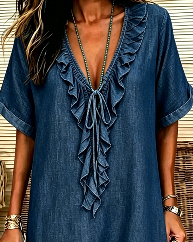 Jurk V-Hals Denim Ruffle