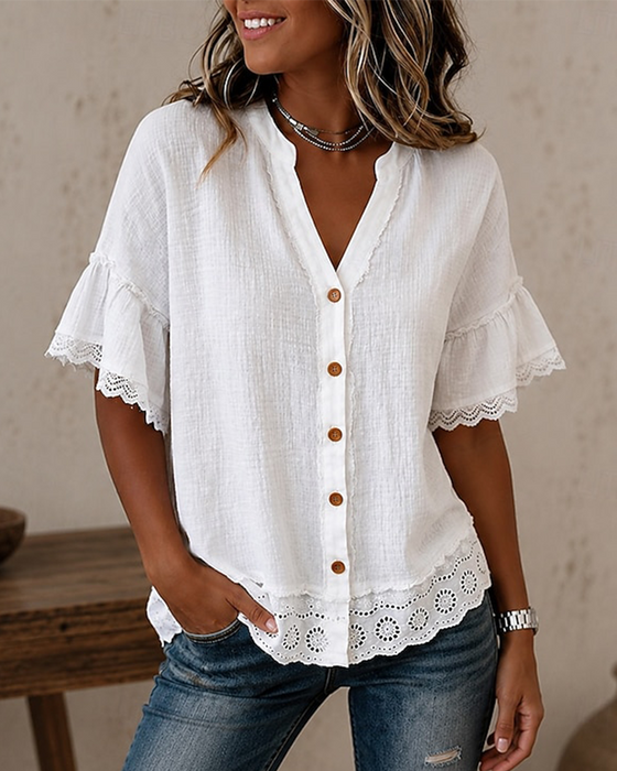 Blouse V-hals Kant Patchwork Knoop