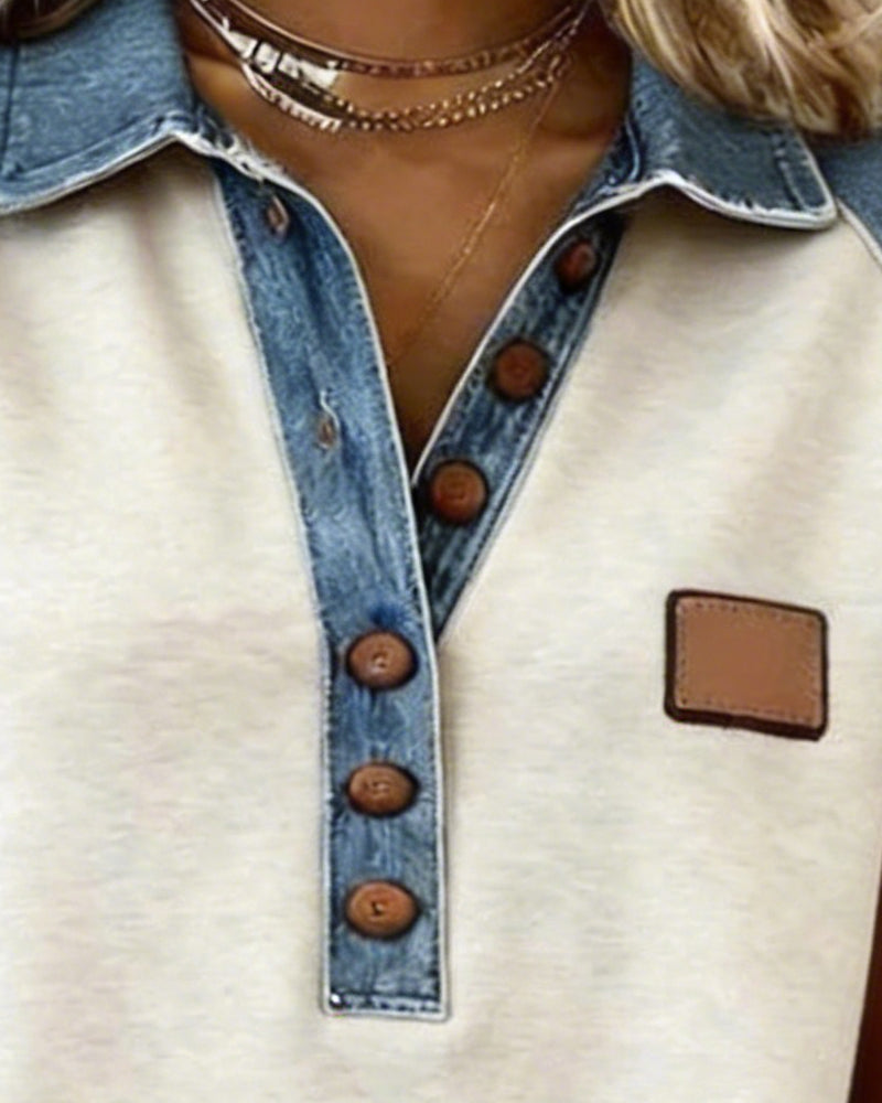 T-Shirt Denim Kleur Blok Kort Mouw