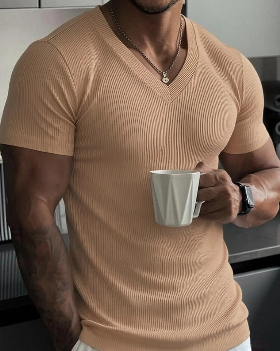 T-Shirt V-Hals Geribbeld Effen Kleur Heren