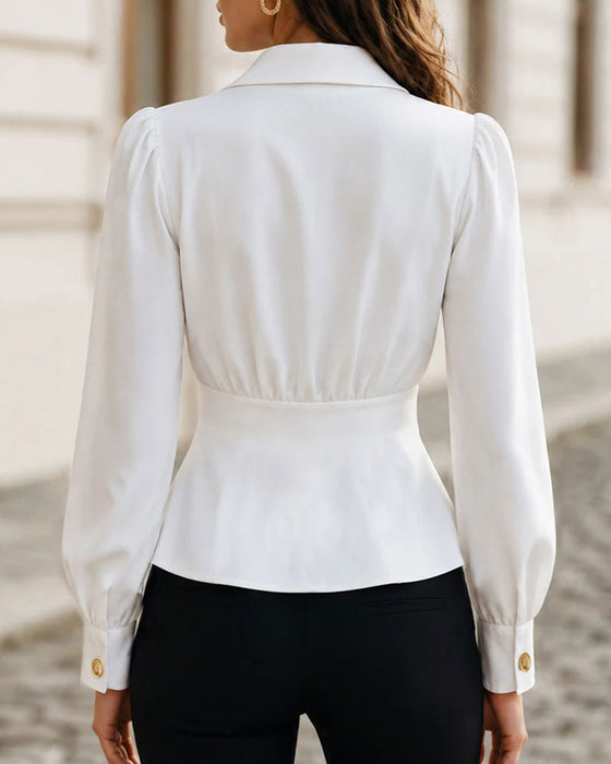 Blouse V-Hals Getailleerde Taille Knoop Pofmouw