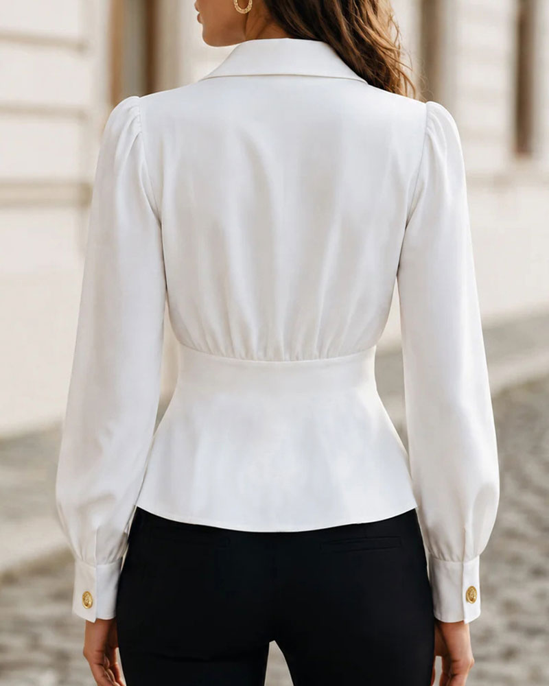 Blouse V-Hals Getailleerde Taille Knoop Pofmouw