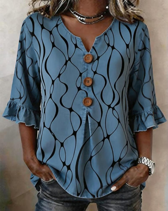 Blouse Abstracte Lijn Drie-Knoop Ruche Mouw