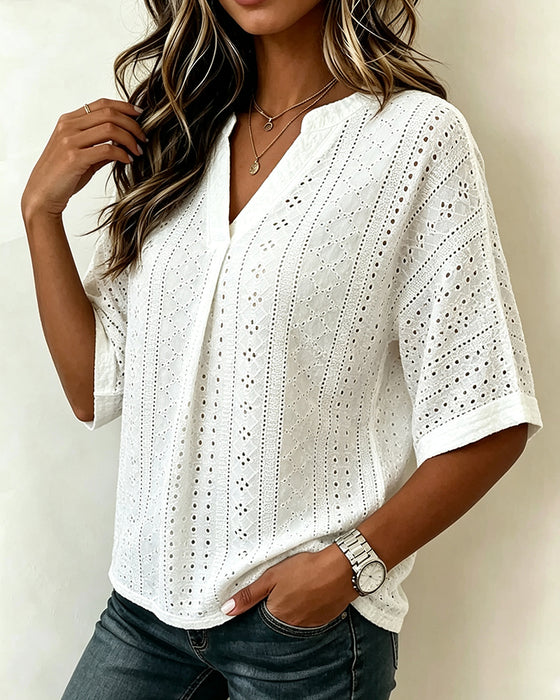 Blouse V-Hals Opengewerkt Effen Halflangemouw