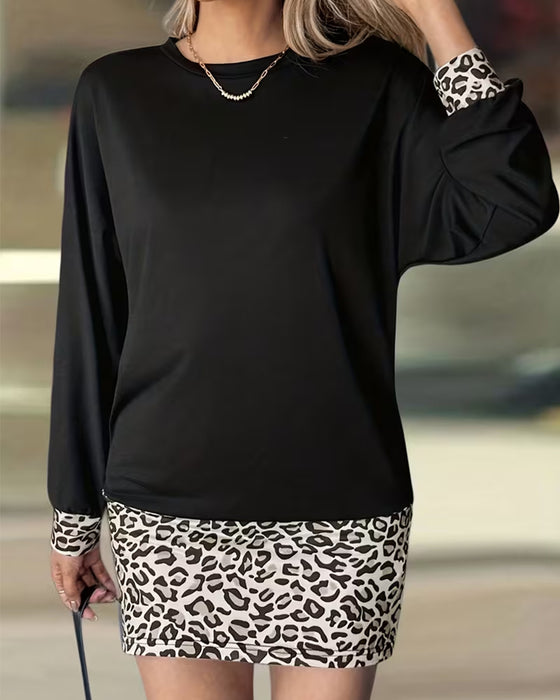 Jurk Rond Luipaard Patchwork Lange Mouw
