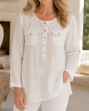 Blouse Ronde Hals Knoopsluiting Lange Mouw