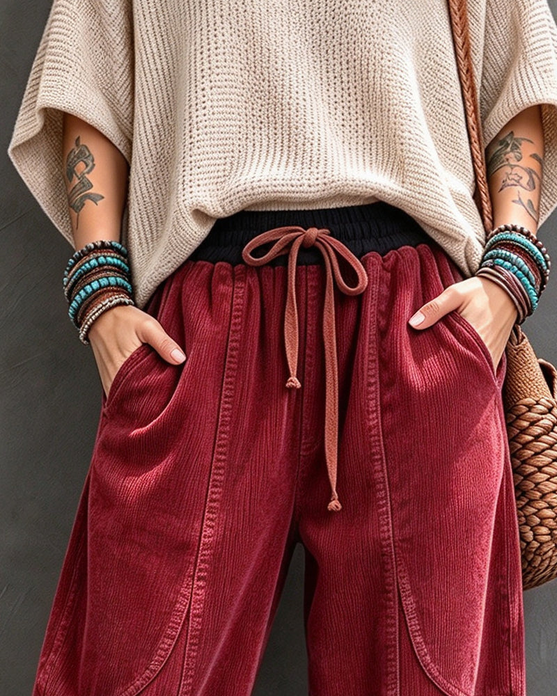 Broek Elastische Taille Kleurblok Cropped Wijd Been
