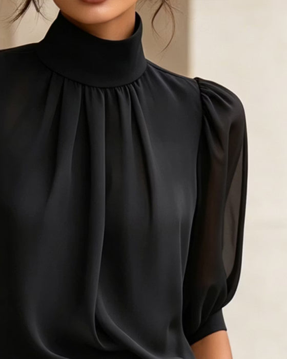 Blouse Hoge Hals Pofmouw Ellebooglang Chiffon