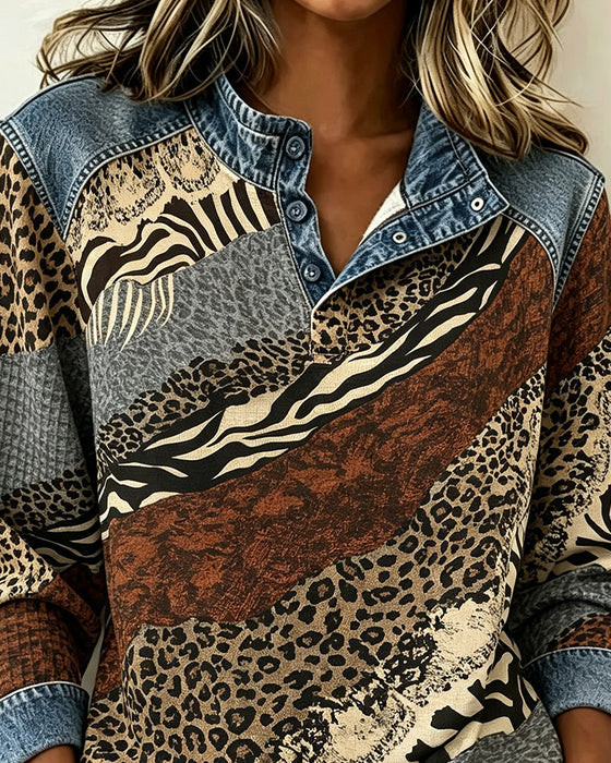 Blouse Patchwork Luipaard Knoop